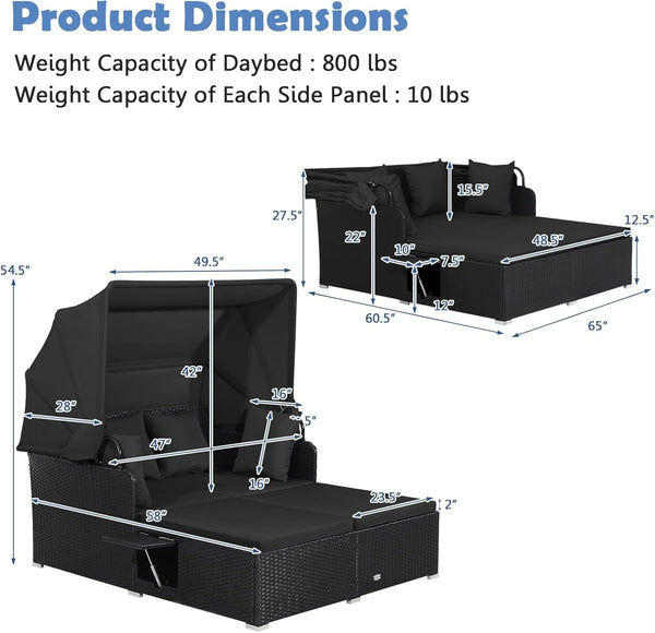 Comfortable to sit or lie with wide seat and soft cushions<br>Zippered design for easy removal and maintenance of cushion covers<br>Retractable canopy allows you to relax in the sunshade<br>Pneumatic rod for easy and safe adjustment<br>Fixing ropes keep t