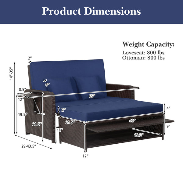 Shipped in 2 packages so the arriving time may be different<br>Installing accessories are all in box 1<br>Can be used as a 2-person chaise lounge or a sofa and side table set<br>Backrest can be adjusted into 4 positions to meet your different demands<br>E