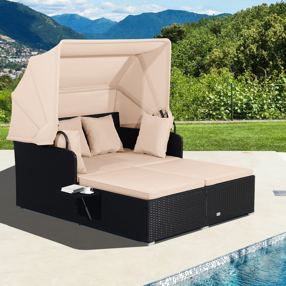 Comfortable to sit or lie with wide seat and soft cushions<br>Zippered design for easy removal and maintenance of cushion covers<br>Retractable canopy allows you to relax in the sunshade<br>Pneumatic rod for easy and safe adjustment<br>Fixing ropes keep t