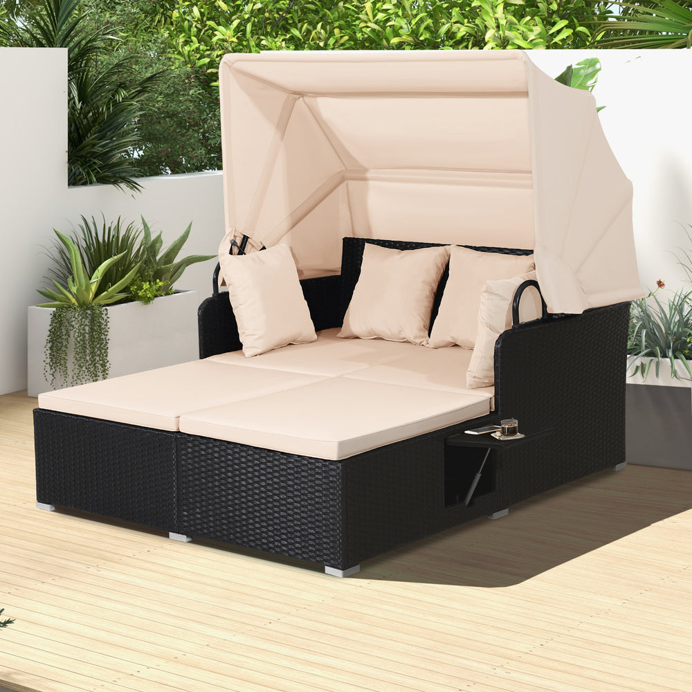 Comfortable to sit or lie with wide seat and soft cushions<br>Zippered design for easy removal and maintenance of cushion covers<br>Retractable canopy allows you to relax in the sunshade<br>Pneumatic rod for easy and safe adjustment<br>Fixing ropes keep t