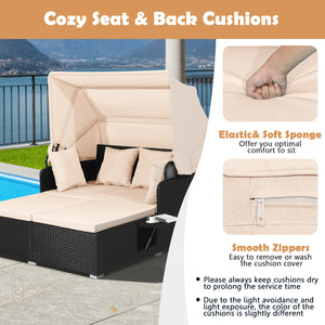 Comfortable to sit or lie with wide seat and soft cushions<br>Zippered design for easy removal and maintenance of cushion covers<br>Retractable canopy allows you to relax in the sunshade<br>Pneumatic rod for easy and safe adjustment<br>Fixing ropes keep t