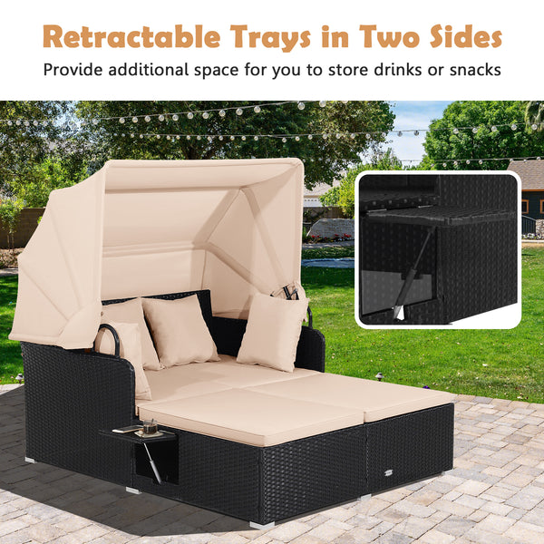 Comfortable to sit or lie with wide seat and soft cushions<br>Zippered design for easy removal and maintenance of cushion covers<br>Retractable canopy allows you to relax in the sunshade<br>Pneumatic rod for easy and safe adjustment<br>Fixing ropes keep t