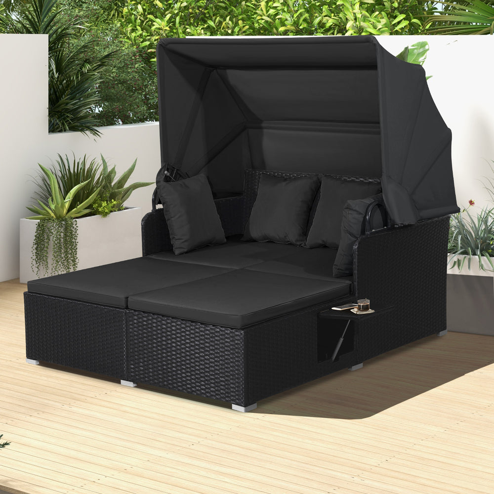 Comfortable to sit or lie with wide seat and soft cushions<br>Zippered design for easy removal and maintenance of cushion covers<br>Retractable canopy allows you to relax in the sunshade<br>Pneumatic rod for easy and safe adjustment<br>Fixing ropes keep t