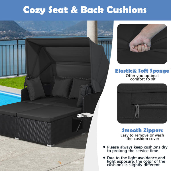 Comfortable to sit or lie with wide seat and soft cushions<br>Zippered design for easy removal and maintenance of cushion covers<br>Retractable canopy allows you to relax in the sunshade<br>Pneumatic rod for easy and safe adjustment<br>Fixing ropes keep t