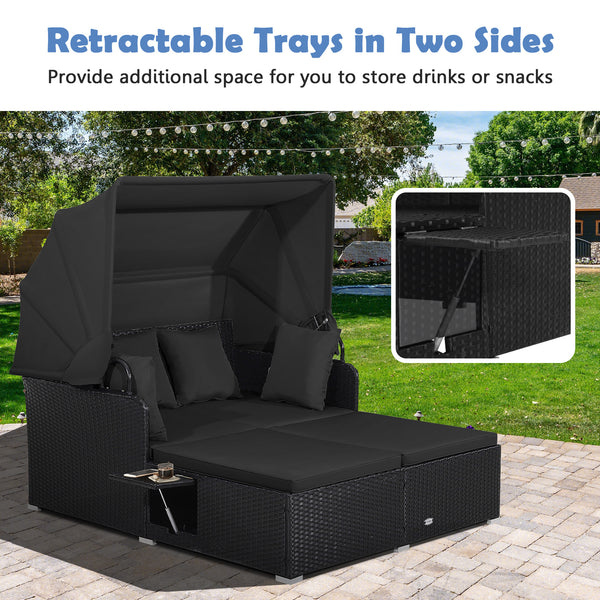 Comfortable to sit or lie with wide seat and soft cushions<br>Zippered design for easy removal and maintenance of cushion covers<br>Retractable canopy allows you to relax in the sunshade<br>Pneumatic rod for easy and safe adjustment<br>Fixing ropes keep t