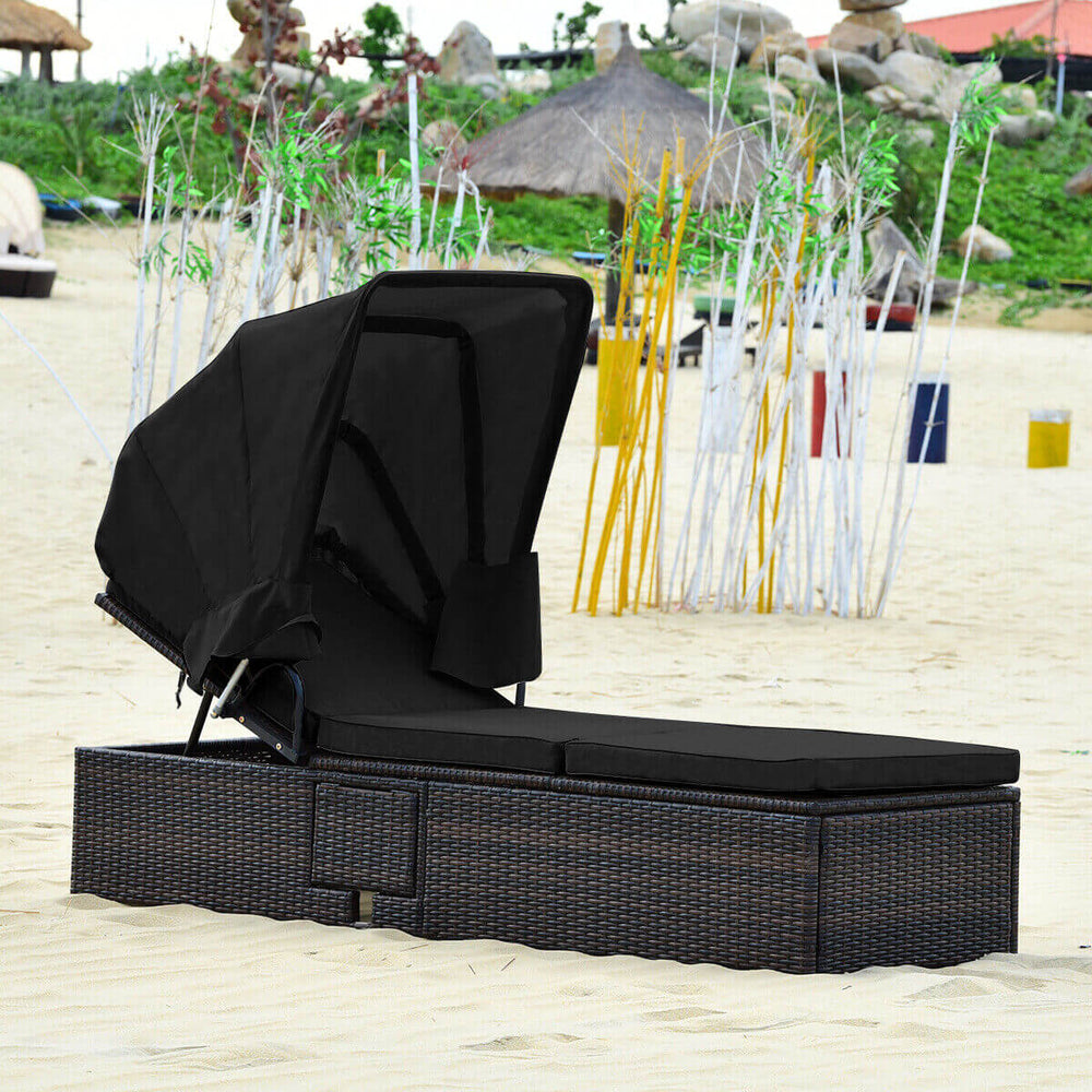 Ideal for indoor and outdoor use  suitable for beach  poolside  balcony and porch <br>PE rattan material  durable  environmentally friendly  weather resistant <br>Adjustable backrest and retractable canopy  meeting your different needs <br>Sponge padded s