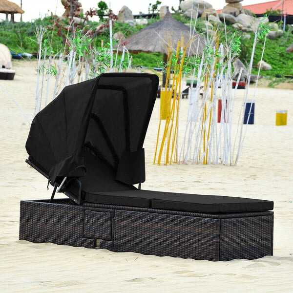 Ideal for indoor and outdoor use  suitable for beach  poolside  balcony and porch <br>PE rattan material  durable  environmentally friendly  weather resistant <br>Adjustable backrest and retractable canopy  meeting your different needs <br>Sponge padded s