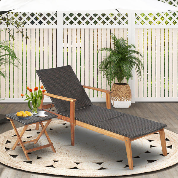 Solid acacia wood frame for 800 lbs stronger bearing capacity<br>Add additional stability with reinforced metal bars<br>Mix brown hand-woven PE wicker for sun protection and fade resistance<br>4 backrest adjustments for your various requirements<br>The fu