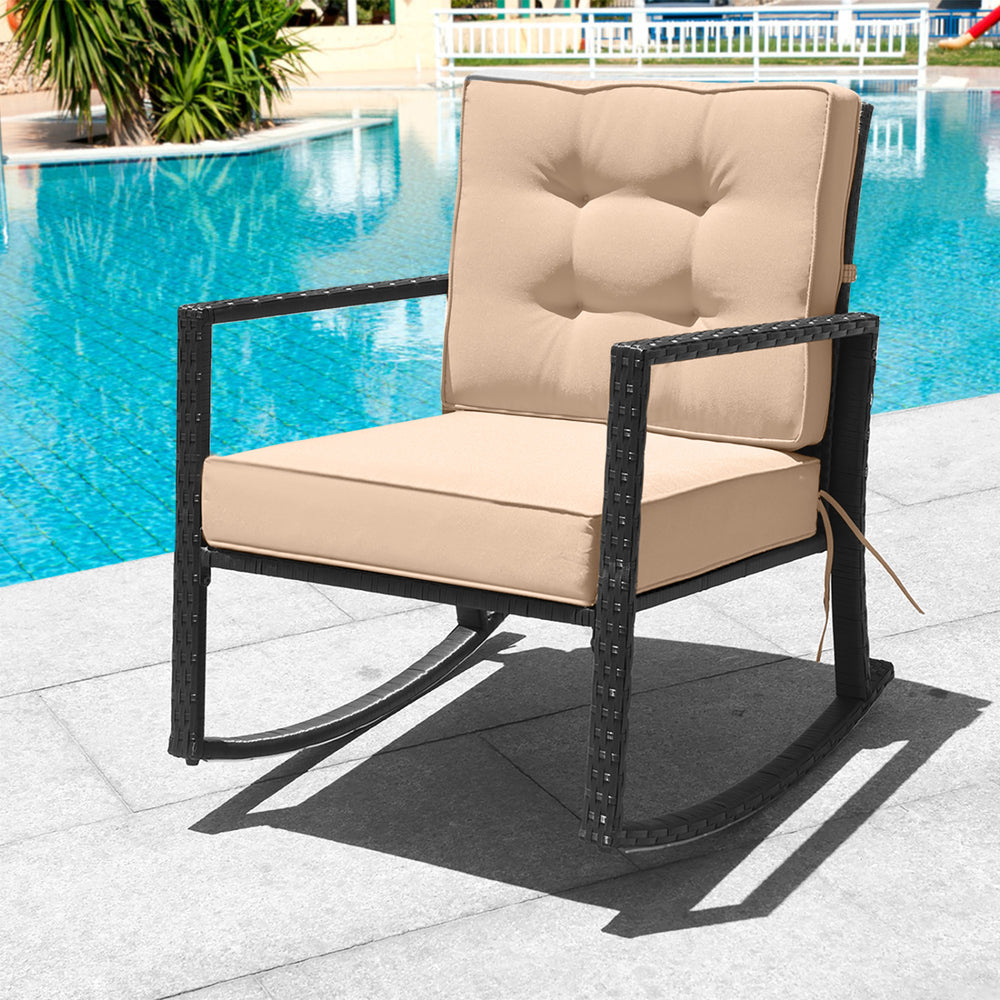 Sturdy and durable frame with exquisite rattan <br>Comfortable and safe rocking function <br>Thick and soft cushion for seat and back <br>Cushions are fixed by strings to prevent a move <br>Pads at the bottom can avoid sliding and protect rattan <br>Desig