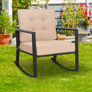 Sturdy and durable frame with exquisite rattan <br>Comfortable and safe rocking function <br>Thick and soft cushion for seat and back <br>Cushions are fixed by strings to prevent a move <br>Pads at the bottom can avoid sliding and protect rattan <br>Desig