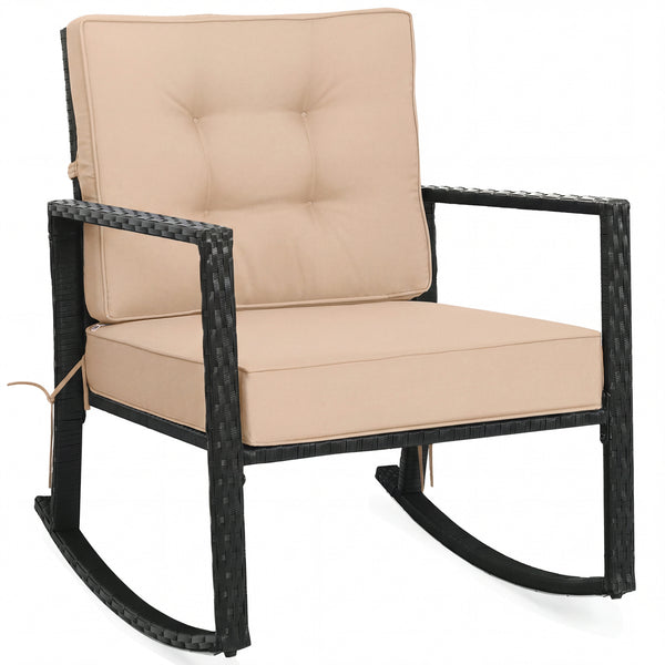 Sturdy and durable frame with exquisite rattan <br>Comfortable and safe rocking function <br>Thick and soft cushion for seat and back <br>Cushions are fixed by strings to prevent a move <br>Pads at the bottom can avoid sliding and protect rattan <br>Desig