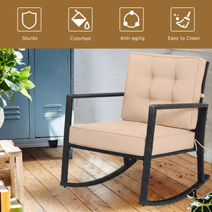 Sturdy and durable frame with exquisite rattan <br>Comfortable and safe rocking function <br>Thick and soft cushion for seat and back <br>Cushions are fixed by strings to prevent a move <br>Pads at the bottom can avoid sliding and protect rattan <br>Desig