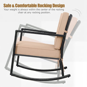 Sturdy and durable frame with exquisite rattan <br>Comfortable and safe rocking function <br>Thick and soft cushion for seat and back <br>Cushions are fixed by strings to prevent a move <br>Pads at the bottom can avoid sliding and protect rattan <br>Desig