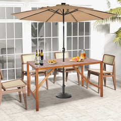 67" x 31.5" spacious tabletop for 6 people to sit around<br>Made of premium acacia wood for long-lasting use<br>2" umbrella hole fits most patio umbrellas<br>Additional supporting bars for higher stability<br>Smooth surface for easy maintenance<br>Look na