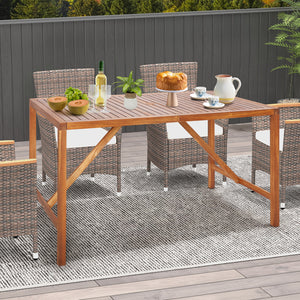 67" x 31.5" spacious tabletop for 6 people to sit around<br>Made of premium acacia wood for long-lasting use<br>2" umbrella hole fits most patio umbrellas<br>Additional supporting bars for higher stability<br>Smooth surface for easy maintenance<br>Look na
