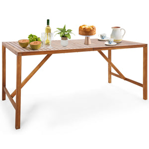 67" x 31.5" spacious tabletop for 6 people to sit around<br>Made of premium acacia wood for long-lasting use<br>2" umbrella hole fits most patio umbrellas<br>Additional supporting bars for higher stability<br>Smooth surface for easy maintenance<br>Look na