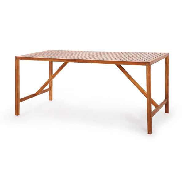 67" x 31.5" spacious tabletop for 6 people to sit around<br>Made of premium acacia wood for long-lasting use<br>2" umbrella hole fits most patio umbrellas<br>Additional supporting bars for higher stability<br>Smooth surface for easy maintenance<br>Look na