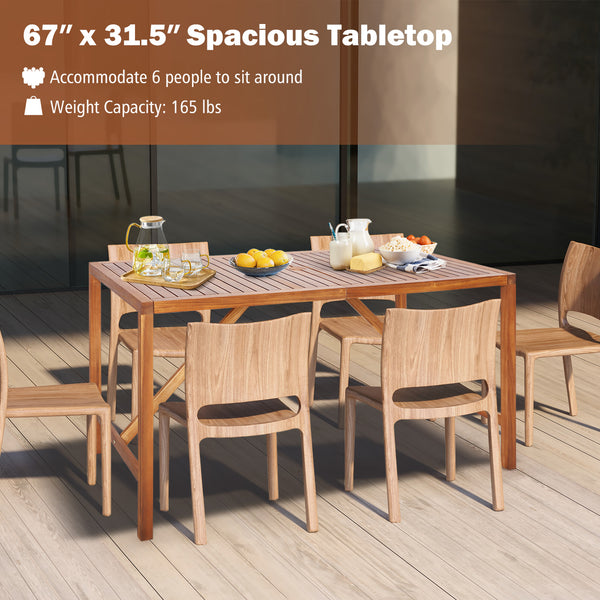 67" x 31.5" spacious tabletop for 6 people to sit around<br>Made of premium acacia wood for long-lasting use<br>2" umbrella hole fits most patio umbrellas<br>Additional supporting bars for higher stability<br>Smooth surface for easy maintenance<br>Look na
