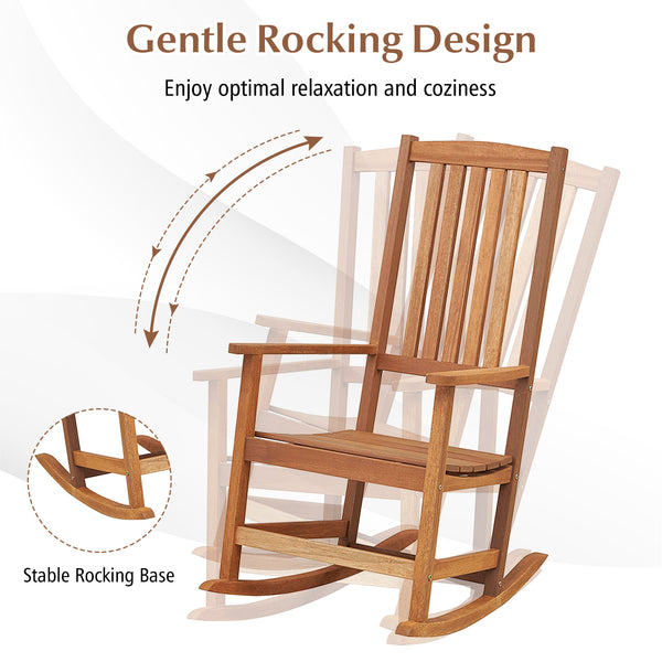 Made of premium hardwood for high stability and durability<br>Smooth and sturdy rocking motion makes you more relaxed<br>Reinforced crossbar adds to higher sturdiness<br>Curved seat with high backrest brings you more coziness<br>Suitable for balcony  porc
