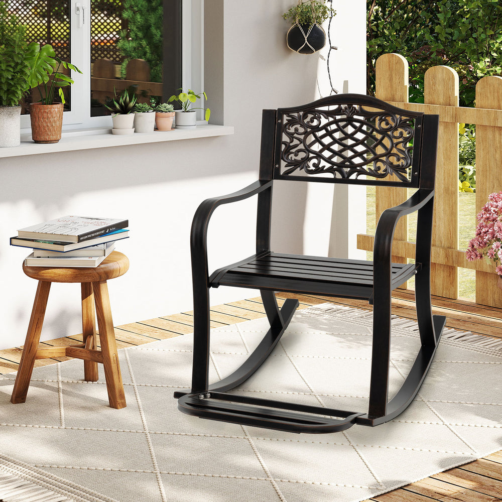 Made of rustproof and sturdy cast aluminum with firm screw connection<br>Smooth rocking design for more relaxation<br>Safe to rock with stoppers and non-slip pads<br>Cozy to sit with ergonomic seat and armrests<br>Footrest brings additional coziness to yo