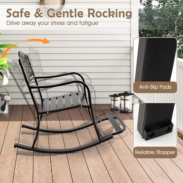 Made of rustproof and sturdy cast aluminum with firm screw connection<br>Smooth rocking design for more relaxation<br>Safe to rock with stoppers and non-slip pads<br>Cozy to sit with ergonomic seat and armrests<br>Footrest brings additional coziness to yo