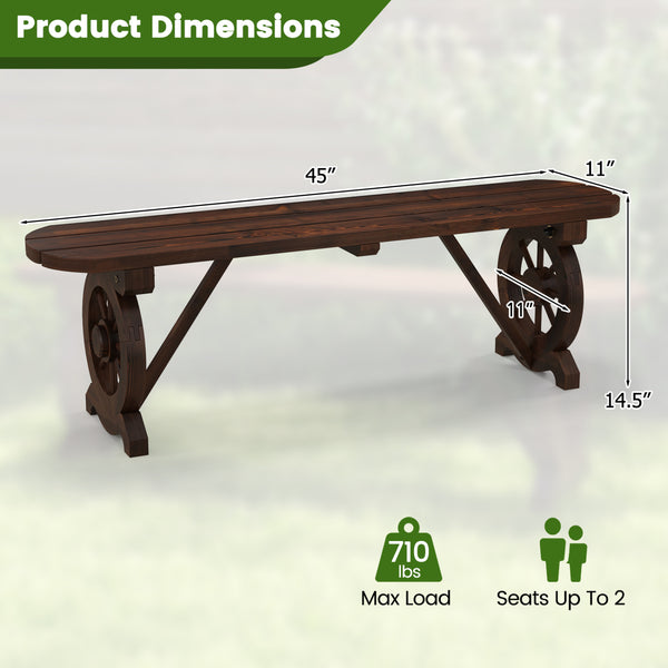 Built-to-last fir wood with carbonized treatment for durability <br>Resistant to cracks  ensuring long-lasting outdoor use <br>Slatted seat avoids water accumulation <br>Additional support bars provide enhanced stability and support <br>Wagon wheel base a