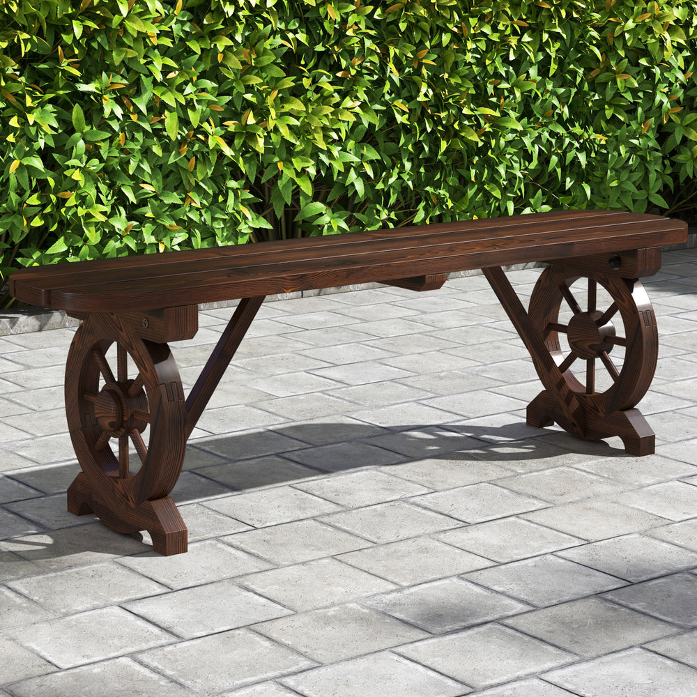 Built-to-last fir wood with carbonized treatment for durability <br>Resistant to cracks  ensuring long-lasting outdoor use <br>Slatted seat avoids water accumulation <br>Additional support bars provide enhanced stability and support <br>Wagon wheel base a