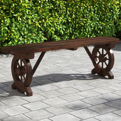 Built-to-last fir wood with carbonized treatment for durability <br>Resistant to cracks  ensuring long-lasting outdoor use <br>Slatted seat avoids water accumulation <br>Additional support bars provide enhanced stability and support <br>Wagon wheel base a