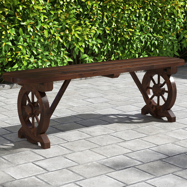 Built-to-last fir wood with carbonized treatment for durability <br>Resistant to cracks  ensuring long-lasting outdoor use <br>Slatted seat avoids water accumulation <br>Additional support bars provide enhanced stability and support <br>Wagon wheel base a