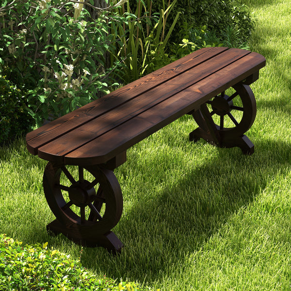 Built-to-last fir wood with carbonized treatment for durability <br>Resistant to cracks  ensuring long-lasting outdoor use <br>Slatted seat avoids water accumulation <br>Additional support bars provide enhanced stability and support <br>Wagon wheel base a