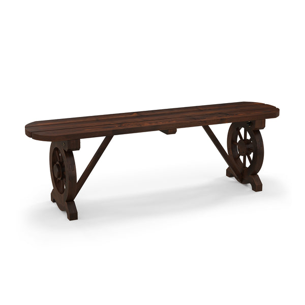 Built-to-last fir wood with carbonized treatment for durability <br>Resistant to cracks  ensuring long-lasting outdoor use <br>Slatted seat avoids water accumulation <br>Additional support bars provide enhanced stability and support <br>Wagon wheel base a