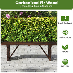 Built-to-last fir wood with carbonized treatment for durability <br>Resistant to cracks  ensuring long-lasting outdoor use <br>Slatted seat avoids water accumulation <br>Additional support bars provide enhanced stability and support <br>Wagon wheel base a