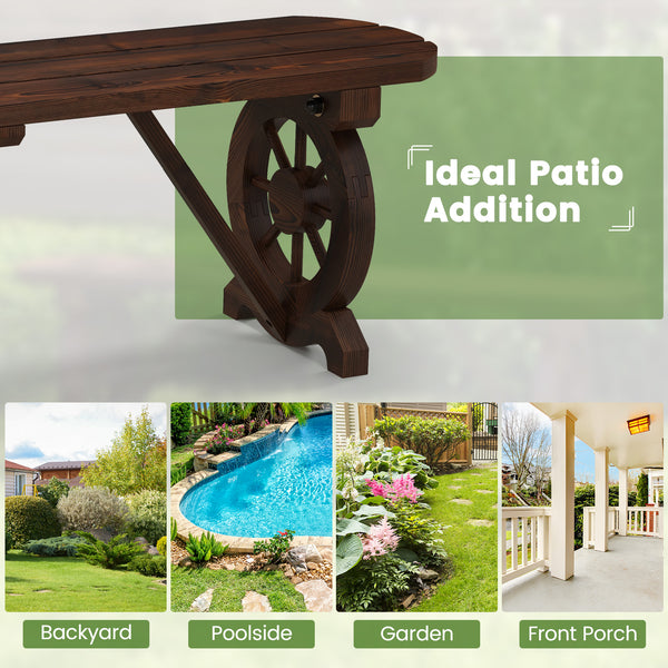Built-to-last fir wood with carbonized treatment for durability <br>Resistant to cracks  ensuring long-lasting outdoor use <br>Slatted seat avoids water accumulation <br>Additional support bars provide enhanced stability and support <br>Wagon wheel base a