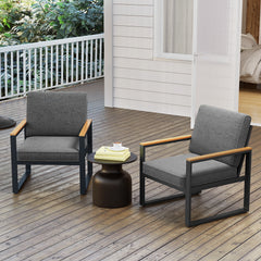 Supported by aluminum frame which is anti-rust  lightweight and sturdy<br>Each armchair can withstand 400 lbs<br>Adjustable footpads for higher stability<br>Comfortable to sit with inclined backrest and thickened cushions<br>Olefin cushion covers are cozi