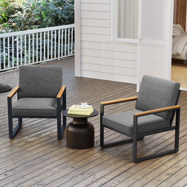 Supported by aluminum frame which is anti-rust  lightweight and sturdy<br>Each armchair can withstand 400 lbs<br>Adjustable footpads for higher stability<br>Comfortable to sit with inclined backrest and thickened cushions<br>Olefin cushion covers are cozi