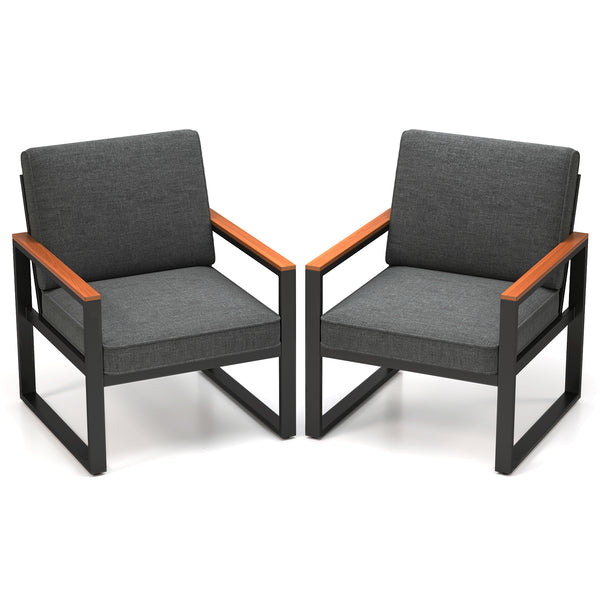 Supported by aluminum frame which is anti-rust  lightweight and sturdy<br>Each armchair can withstand 400 lbs<br>Adjustable footpads for higher stability<br>Comfortable to sit with inclined backrest and thickened cushions<br>Olefin cushion covers are cozi