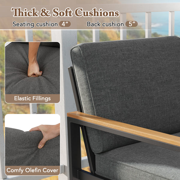 Supported by aluminum frame which is anti-rust  lightweight and sturdy<br>Each armchair can withstand 400 lbs<br>Adjustable footpads for higher stability<br>Comfortable to sit with inclined backrest and thickened cushions<br>Olefin cushion covers are cozi