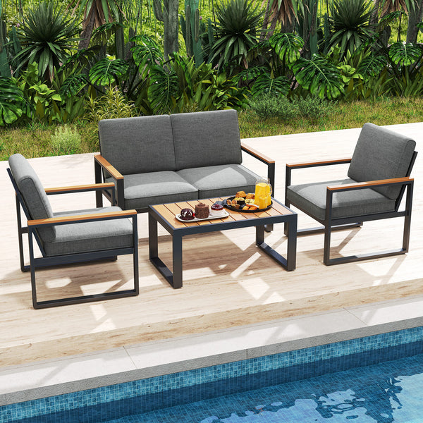 Supported by aluminum frame which is anti-rust  lightweight and sturdy<br>Each armchair can withstand 400 lbs<br>Adjustable footpads for higher stability<br>Comfortable to sit with inclined backrest and thickened cushions<br>Olefin cushion covers are cozi