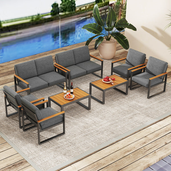 Supported by aluminum frame which is anti-rust  lightweight and sturdy<br>Each armchair can withstand 400 lbs<br>Adjustable footpads for higher stability<br>Comfortable to sit with inclined backrest and thickened cushions<br>Olefin cushion covers are cozi