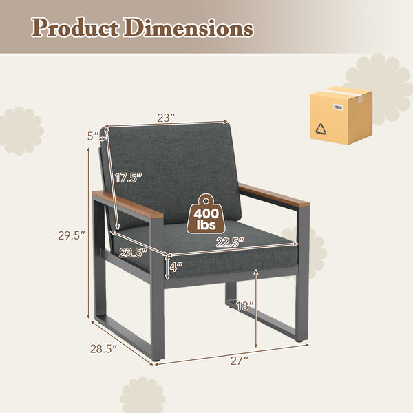 Supported by aluminum frame which is anti-rust  lightweight and sturdy<br>Each armchair can withstand 400 lbs<br>Adjustable footpads for higher stability<br>Comfortable to sit with inclined backrest and thickened cushions<br>Olefin cushion covers are cozi