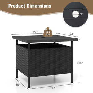 Rattan wrapped metal frame is sturdy and durable for outdoor use<br>High-end faux wood table top and premium PE rattan look stylish<br>2" Tabletop hole and bottom hole to fix the umbrella in position<br>Bottom reinforced support bars provides better stabi