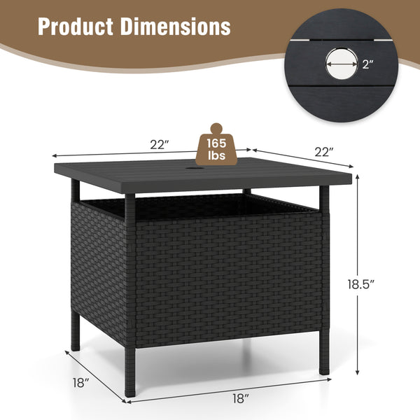 Rattan wrapped metal frame is sturdy and durable for outdoor use<br>High-end faux wood table top and premium PE rattan look stylish<br>2" Tabletop hole and bottom hole to fix the umbrella in position<br>Bottom reinforced support bars provides better stabi