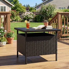 Rattan wrapped metal frame is sturdy and durable for outdoor use<br>High-end faux wood table top and premium PE rattan look stylish<br>2" Tabletop hole and bottom hole to fix the umbrella in position<br>Bottom reinforced support bars provides better stabi