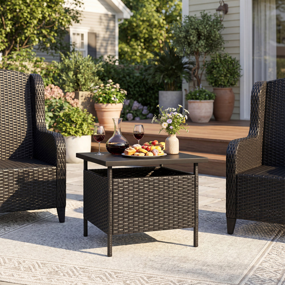 Rattan wrapped metal frame is sturdy and durable for outdoor use<br>High-end faux wood table top and premium PE rattan look stylish<br>2" Tabletop hole and bottom hole to fix the umbrella in position<br>Bottom reinforced support bars provides better stabi