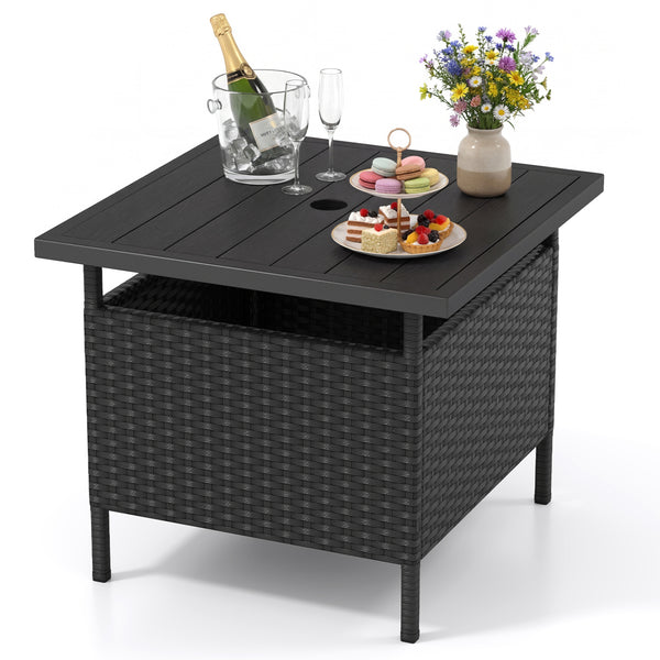 Rattan wrapped metal frame is sturdy and durable for outdoor use<br>High-end faux wood table top and premium PE rattan look stylish<br>2" Tabletop hole and bottom hole to fix the umbrella in position<br>Bottom reinforced support bars provides better stabi