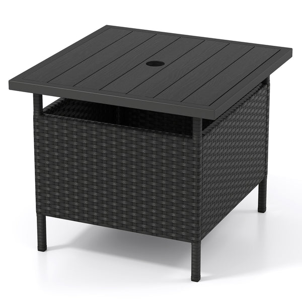 Rattan wrapped metal frame is sturdy and durable for outdoor use<br>High-end faux wood table top and premium PE rattan look stylish<br>2" Tabletop hole and bottom hole to fix the umbrella in position<br>Bottom reinforced support bars provides better stabi