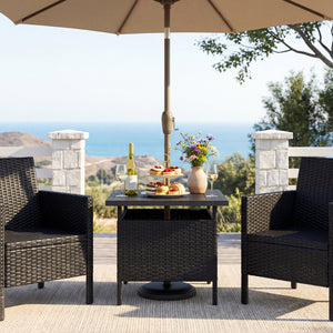 Rattan wrapped metal frame is sturdy and durable for outdoor use<br>High-end faux wood table top and premium PE rattan look stylish<br>2" Tabletop hole and bottom hole to fix the umbrella in position<br>Bottom reinforced support bars provides better stabi