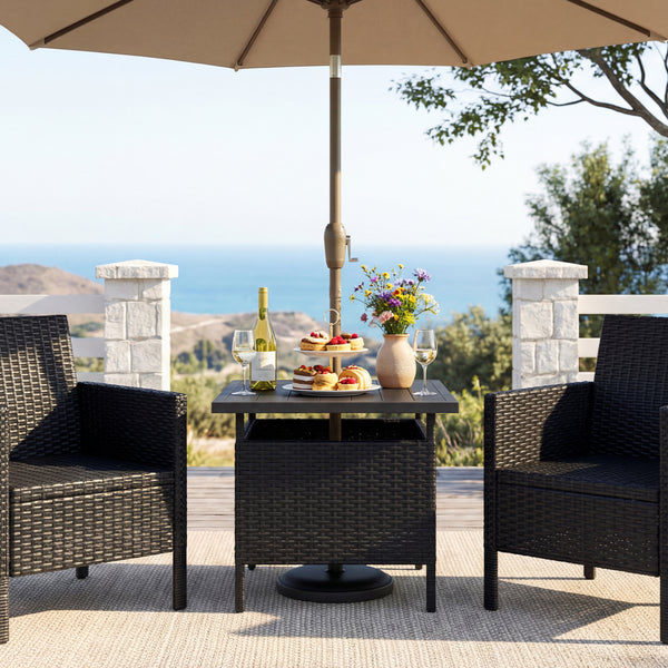 Rattan wrapped metal frame is sturdy and durable for outdoor use<br>High-end faux wood table top and premium PE rattan look stylish<br>2" Tabletop hole and bottom hole to fix the umbrella in position<br>Bottom reinforced support bars provides better stabi