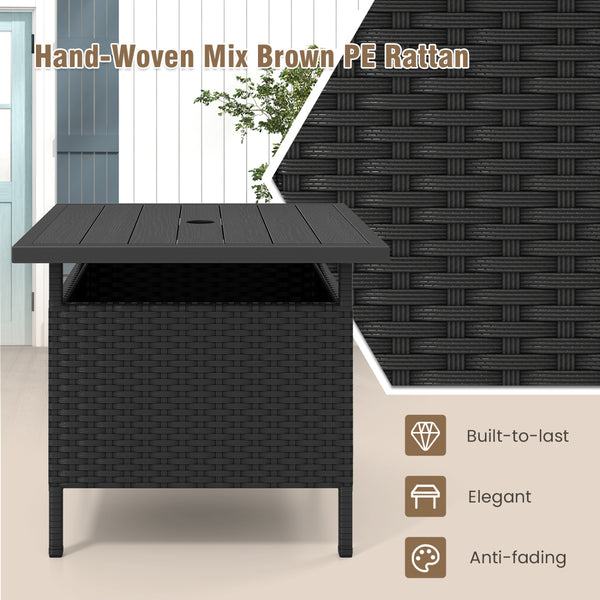Rattan wrapped metal frame is sturdy and durable for outdoor use<br>High-end faux wood table top and premium PE rattan look stylish<br>2" Tabletop hole and bottom hole to fix the umbrella in position<br>Bottom reinforced support bars provides better stabi