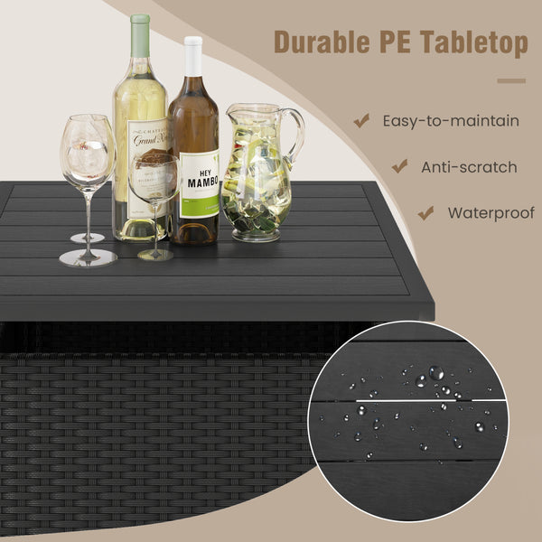 Rattan wrapped metal frame is sturdy and durable for outdoor use<br>High-end faux wood table top and premium PE rattan look stylish<br>2" Tabletop hole and bottom hole to fix the umbrella in position<br>Bottom reinforced support bars provides better stabi